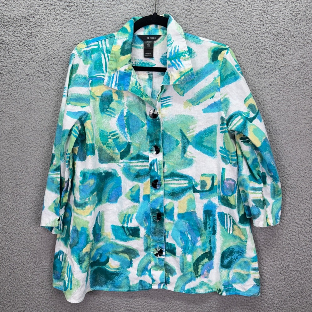 Ali Miles Top Womens M Teal Blue Green Abstract Linen Cotton Button Up Artsy